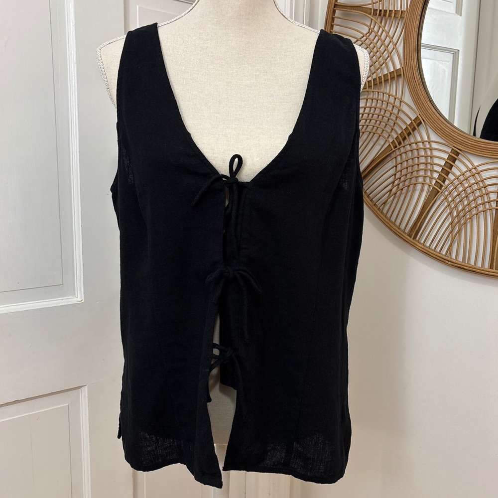 Linen Blend Tie Front Vest Top M Black Boho Chic Goth Coastal‎ Capsule NEW
